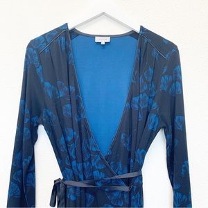 JIGSAW Wrap Dress V-Neck Ginkgo Leaves Floral Print Dark Navy Blue SIZE L